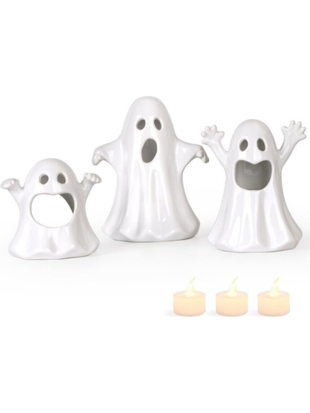 White Ceramic Ghost with 3 Tea Lights Jack-O-Lantern Candle Holder Set of 3
